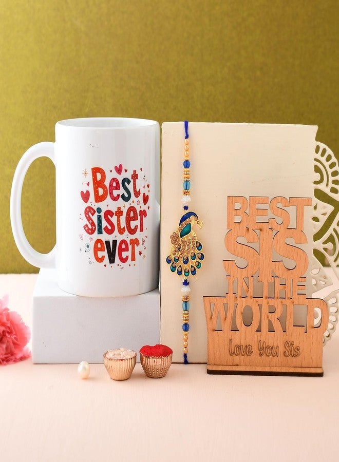 Pride Store Presents Best Rakhshabandhan Combo for Sister - Beautifully Designed Peacock Rakhi for Sister | Rakhi Gift for Sister | "Best Sister Ever" Printed Coffee Mug | "Best Sis In The World" Wooden Showpiece | Heartfelt Quoted Greeting Card comes with Roli and Chawal | Gifts for Sister, Didi, Bahen, Rakhi Gift Combo - Image 5